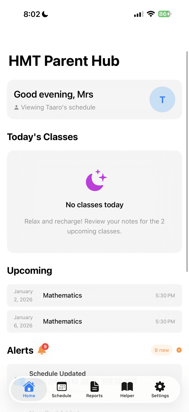 HMT Classes home screen with parent hub dashboard