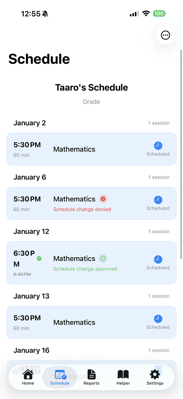 Schedule view showing tutoring sessions