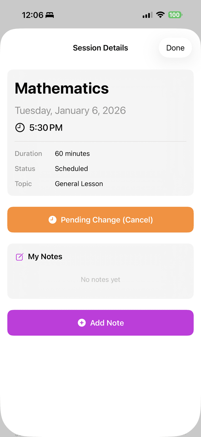 Session details with change request feature